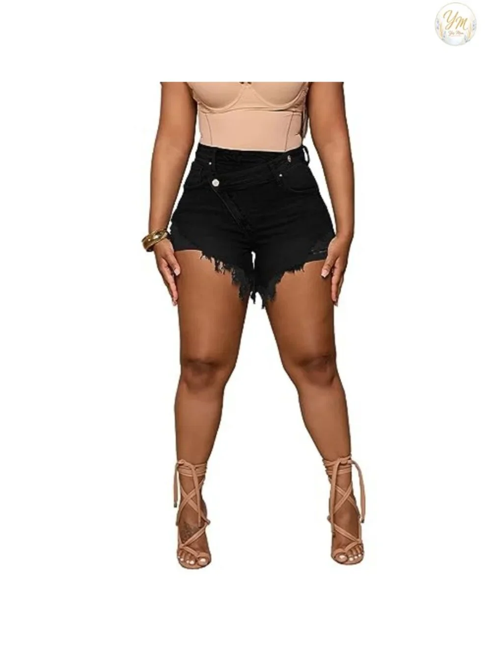 Women's High Waisted Crossover Jean Shorts Ripped Hem Raw Denim